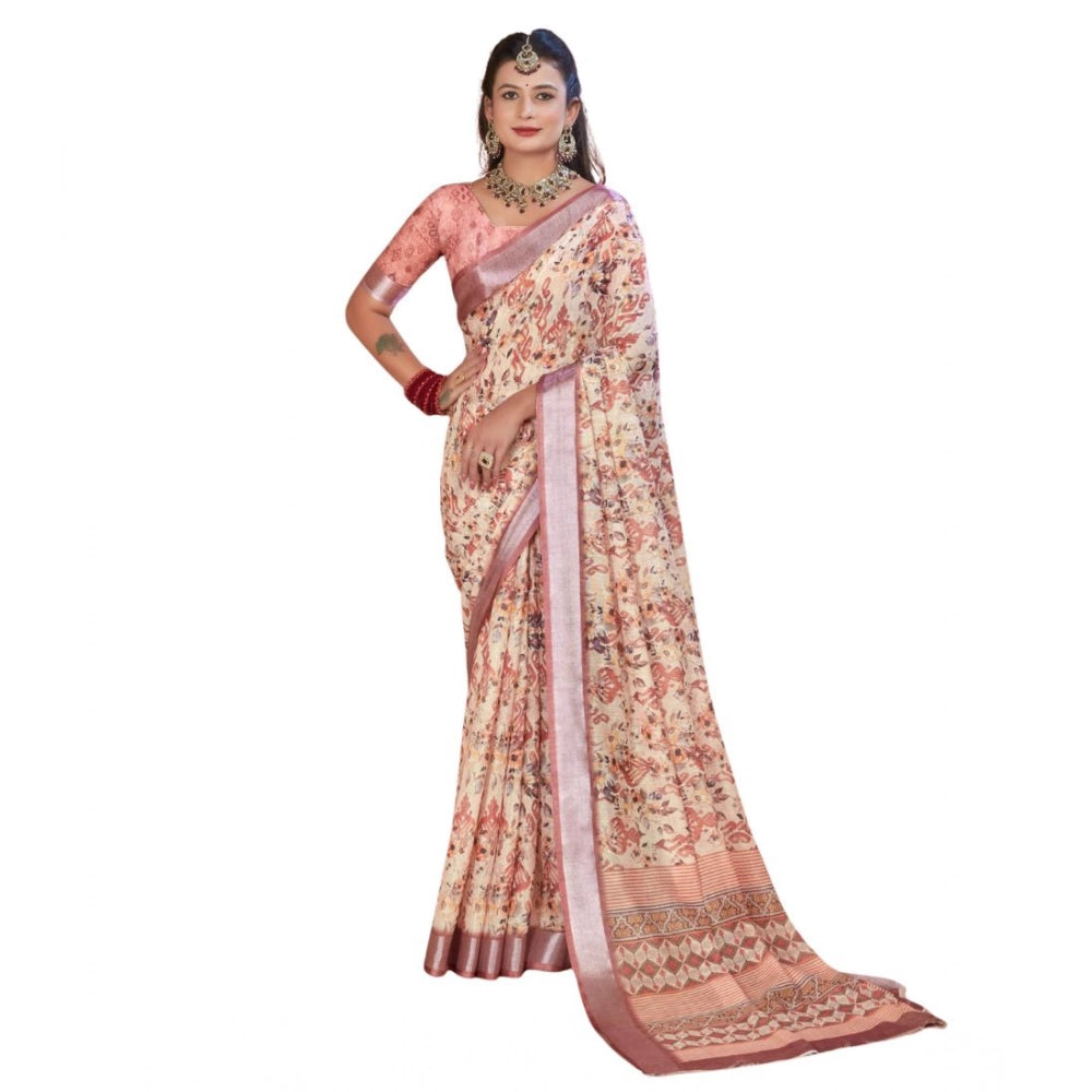 Generic Women's Printed Cotton Linen Saree withPrinted  Saree With Unstitched Blouse (Beige, 5-6Mtrs)