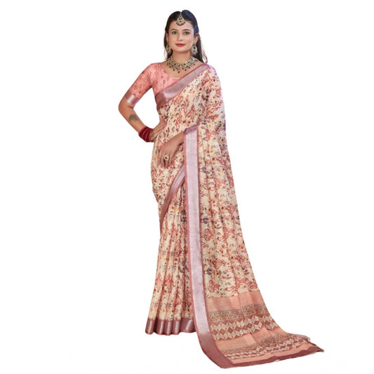 Generic Women's Printed Cotton Linen Saree withPrinted  Saree With Unstitched Blouse (Beige, 5-6Mtrs)
