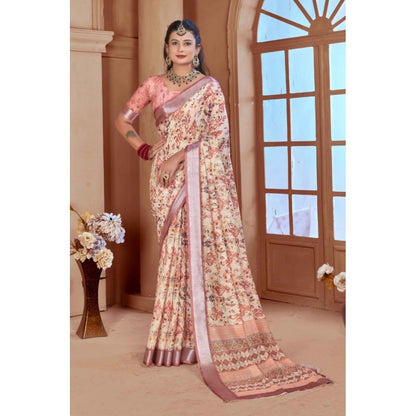 Generic Women's Printed Cotton Linen Saree withPrinted  Saree With Unstitched Blouse (Beige, 5-6Mtrs)