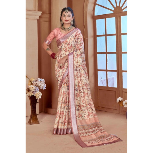 Generic Women's Printed Cotton Linen Saree withPrinted  Saree With Unstitched Blouse (Beige, 5-6Mtrs)