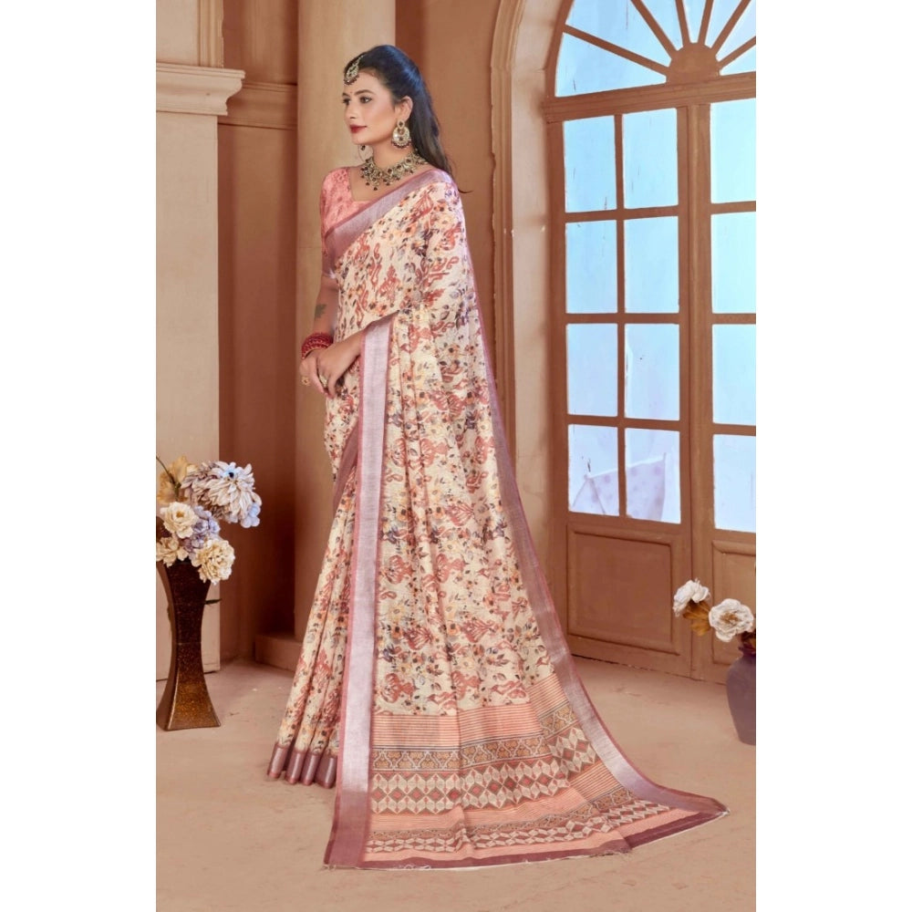 Generic Women's Printed Cotton Linen Saree withPrinted  Saree With Unstitched Blouse (Beige, 5-6Mtrs)