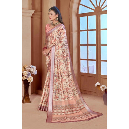 Generic Women's Printed Cotton Linen Saree withPrinted  Saree With Unstitched Blouse (Beige, 5-6Mtrs)