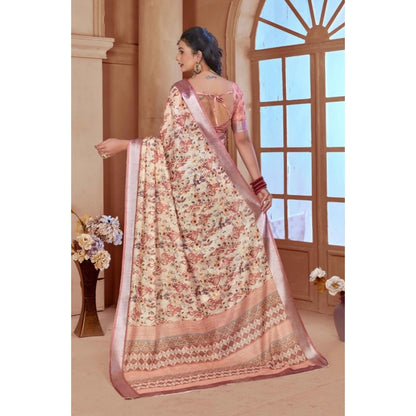 Generic Women's Printed Cotton Linen Saree withPrinted  Saree With Unstitched Blouse (Beige, 5-6Mtrs)