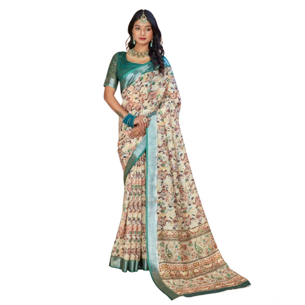 Generic Women's Printed Cotton Linen Saree withPrinted  Saree With Unstitched Blouse (Green, 5-6Mtrs)