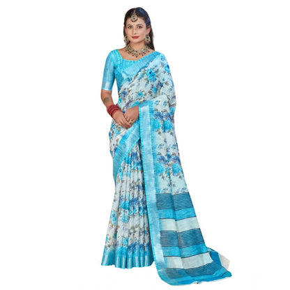 Generic Women's Printed Cotton Linen Saree withPrinted  Saree With Unstitched Blouse (Blue, 5-6Mtrs)
