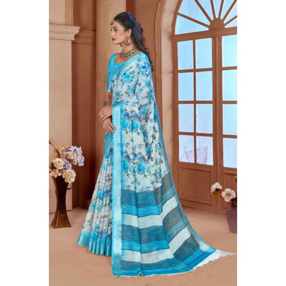 Generic Women's Printed Cotton Linen Saree withPrinted  Saree With Unstitched Blouse (Blue, 5-6Mtrs)