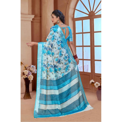 Generic Women's Printed Cotton Linen Saree withPrinted  Saree With Unstitched Blouse (Blue, 5-6Mtrs)