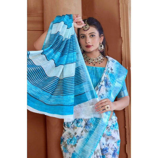 Generic Women's Printed Cotton Linen Saree withPrinted  Saree With Unstitched Blouse (Blue, 5-6Mtrs)