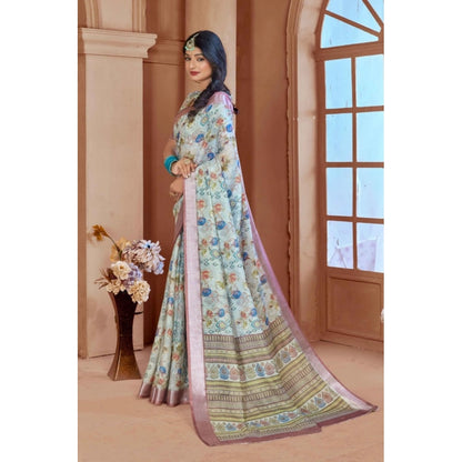 Generic Women's Printed Cotton Linen Saree withPrinted  Saree With Unstitched Blouse (Rust  , 5-6Mtrs)