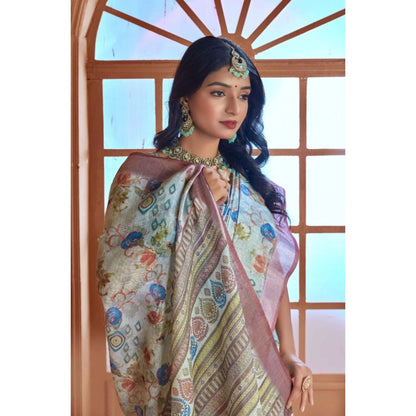 Generic Women's Printed Cotton Linen Saree withPrinted  Saree With Unstitched Blouse (Rust  , 5-6Mtrs)