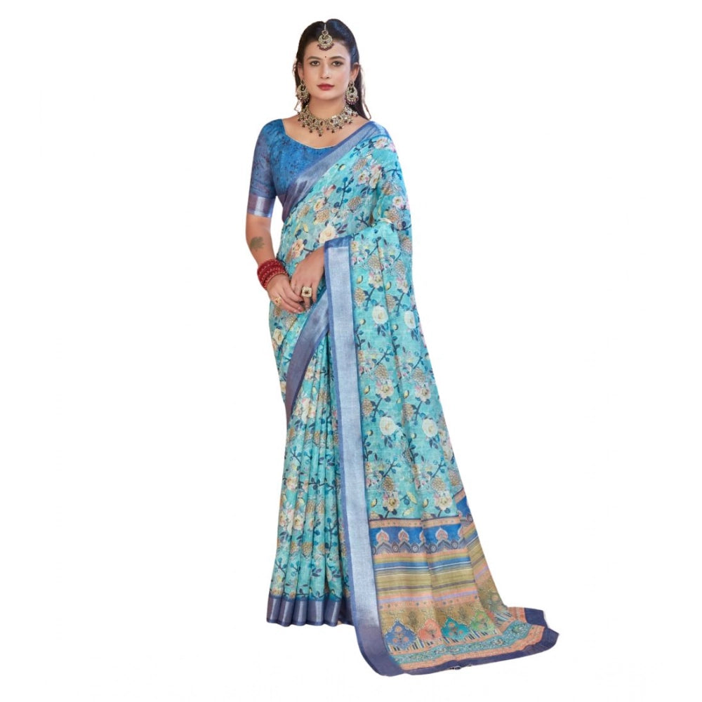 Generic Women's Printed Cotton Linen Saree withPrinted  Saree With Unstitched Blouse (Light Blue, 5-6Mtrs)