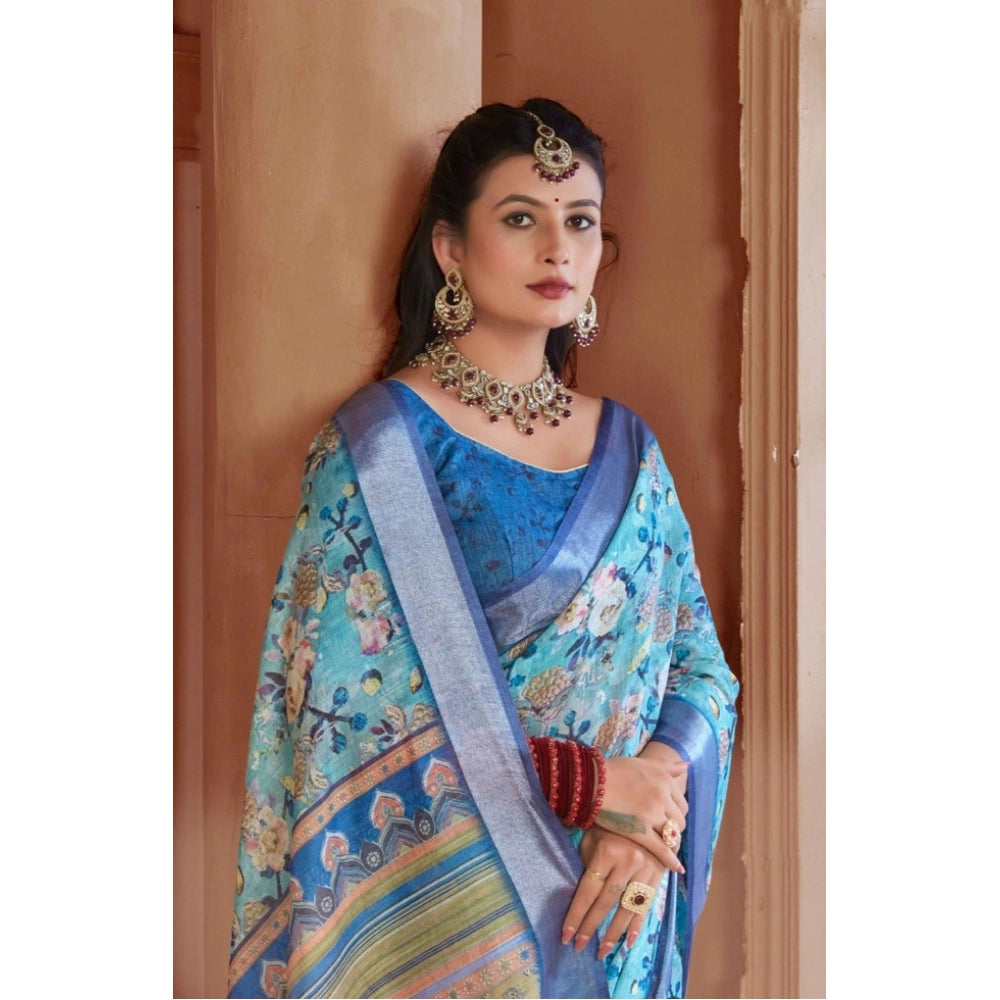 Generic Women's Printed Cotton Linen Saree withPrinted  Saree With Unstitched Blouse (Light Blue, 5-6Mtrs)