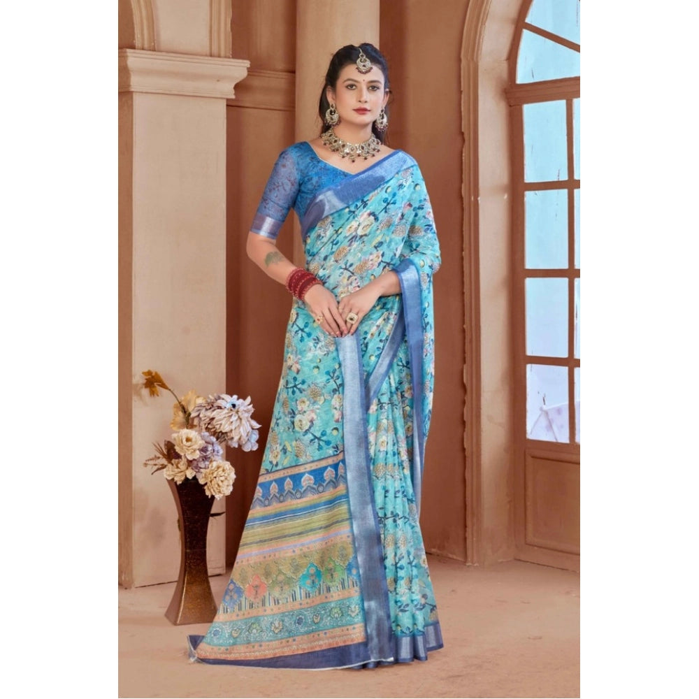 Generic Women's Printed Cotton Linen Saree withPrinted  Saree With Unstitched Blouse (Light Blue, 5-6Mtrs)