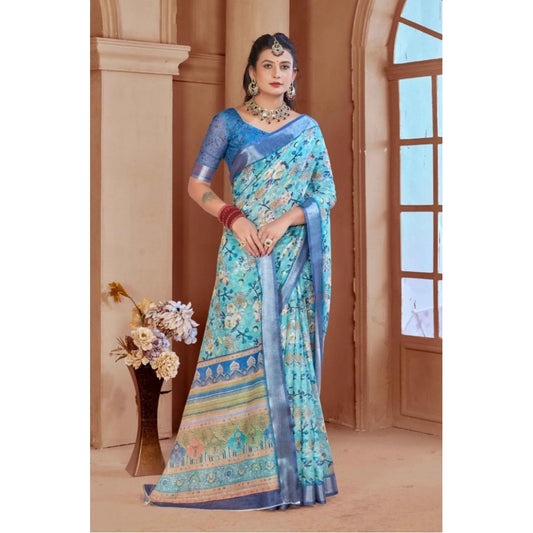 Generic Women's Printed Cotton Linen Saree withPrinted  Saree With Unstitched Blouse (Light Blue, 5-6Mtrs)