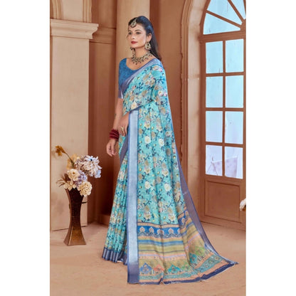 Generic Women's Printed Cotton Linen Saree withPrinted  Saree With Unstitched Blouse (Light Blue, 5-6Mtrs)