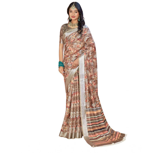 Generic Women's Printed Cotton Linen Saree withPrinted  Saree With Unstitched Blouse (Brown , 5-6Mtrs)