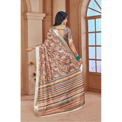 Generic Women's Printed Cotton Linen Saree withPrinted  Saree With Unstitched Blouse (Brown , 5-6Mtrs)