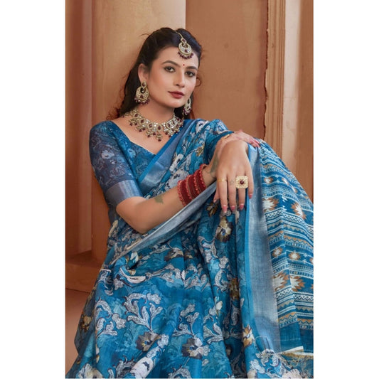Generic Women's Printed Cotton Linen Saree withPrinted  Saree With Unstitched Blouse (Blue, 5-6Mtrs)