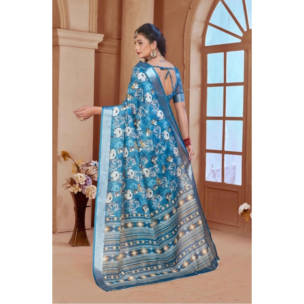 Generic Women's Printed Cotton Linen Saree withPrinted  Saree With Unstitched Blouse (Blue, 5-6Mtrs)