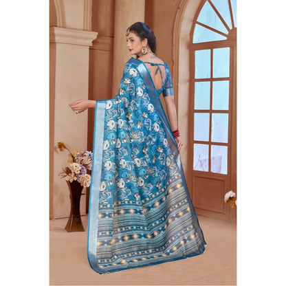 Generic Women's Printed Cotton Linen Saree withPrinted  Saree With Unstitched Blouse (Blue, 5-6Mtrs)