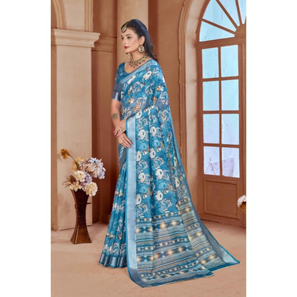 Generic Women's Printed Cotton Linen Saree withPrinted  Saree With Unstitched Blouse (Blue, 5-6Mtrs)