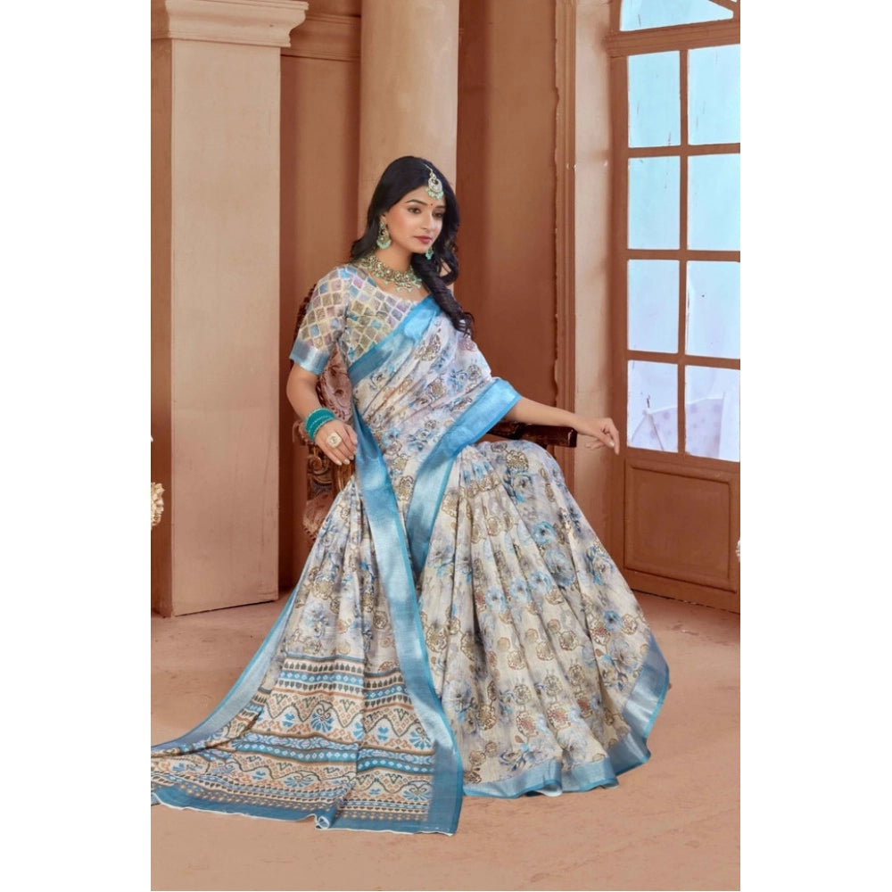 Generic Women's Printed Cotton Linen Saree withPrinted  Saree With Unstitched Blouse (Beige , 5-6Mtrs)