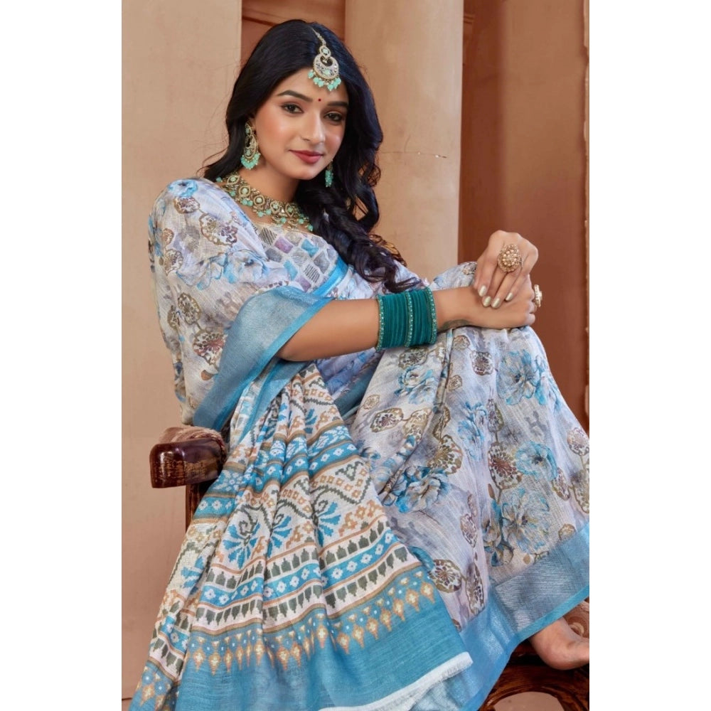 Generic Women's Printed Cotton Linen Saree withPrinted  Saree With Unstitched Blouse (Beige , 5-6Mtrs)