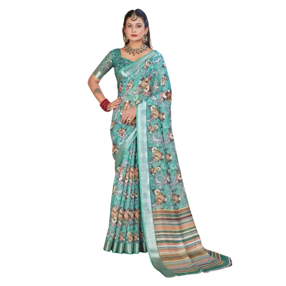 Generic Women's Printed Cotton Linen Saree withPrinted  Saree With Unstitched Blouse (Mint Green, 5-6Mtrs)