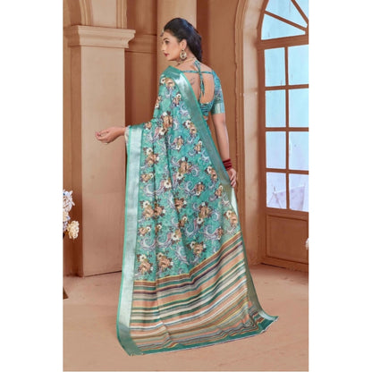 Generic Women's Printed Cotton Linen Saree withPrinted  Saree With Unstitched Blouse (Mint Green, 5-6Mtrs)