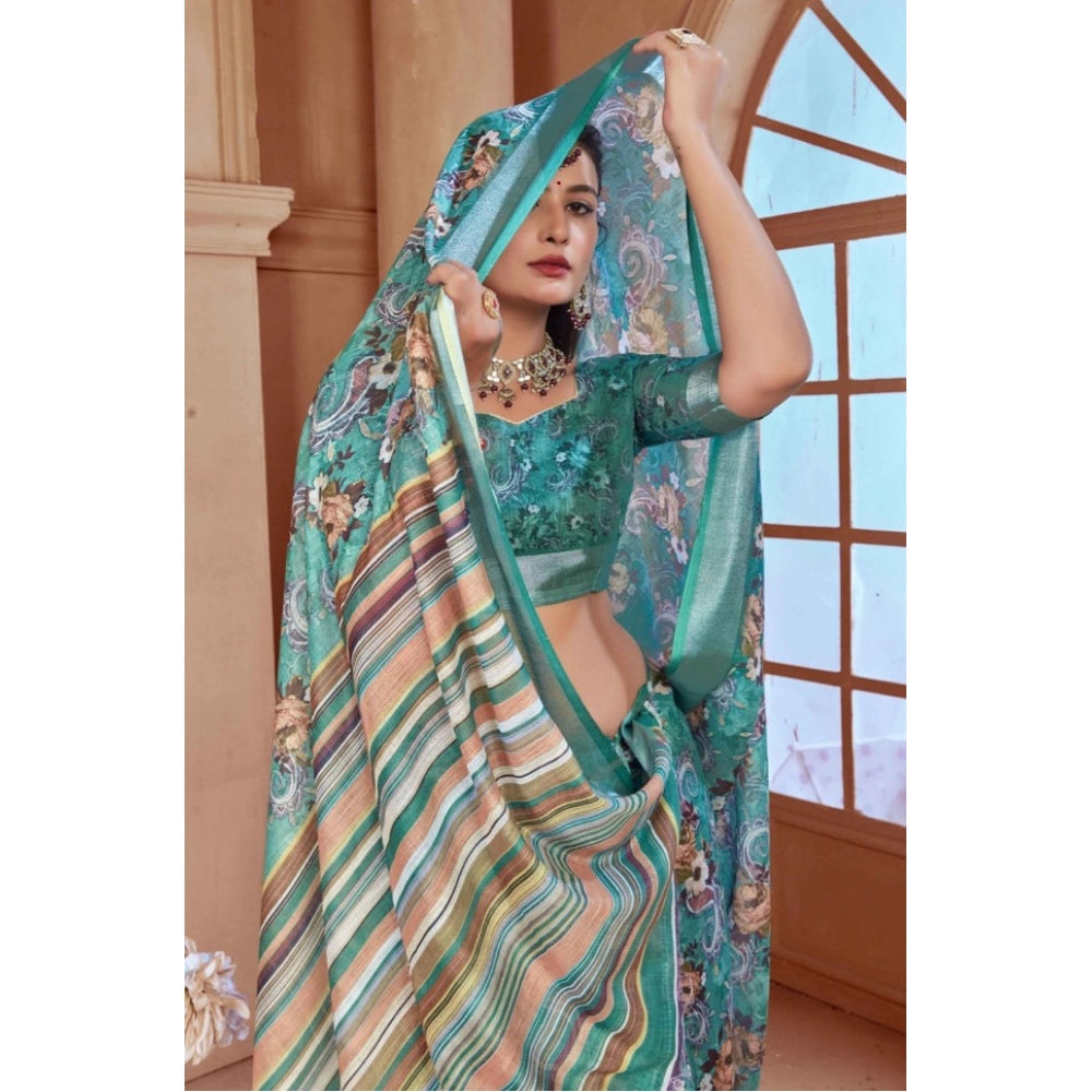 Generic Women's Printed Cotton Linen Saree withPrinted  Saree With Unstitched Blouse (Mint Green, 5-6Mtrs)
