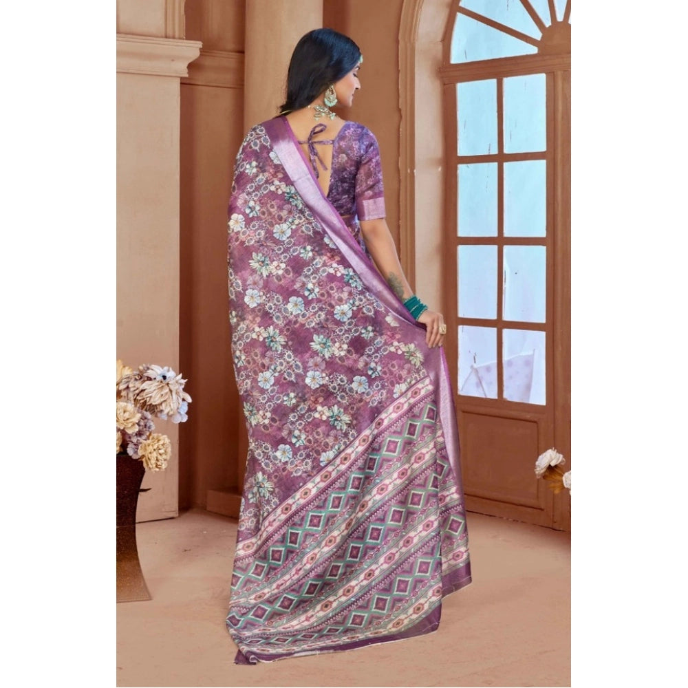 Generic Women's Printed Cotton Linen Saree withPrinted  Saree With Unstitched Blouse (Purple, 5-6Mtrs)