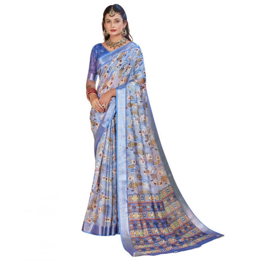 Generic Women's Printed Cotton Linen Saree withPrinted  Saree With Unstitched Blouse (Blue, 5-6Mtrs)