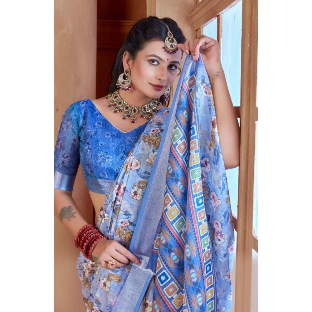 Generic Women's Printed Cotton Linen Saree withPrinted  Saree With Unstitched Blouse (Blue, 5-6Mtrs)