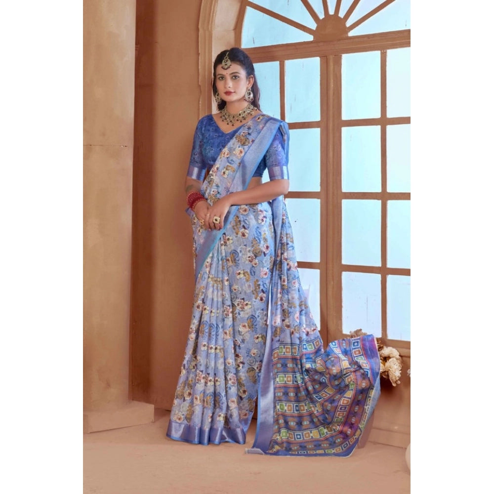 Generic Women's Printed Cotton Linen Saree withPrinted  Saree With Unstitched Blouse (Blue, 5-6Mtrs)
