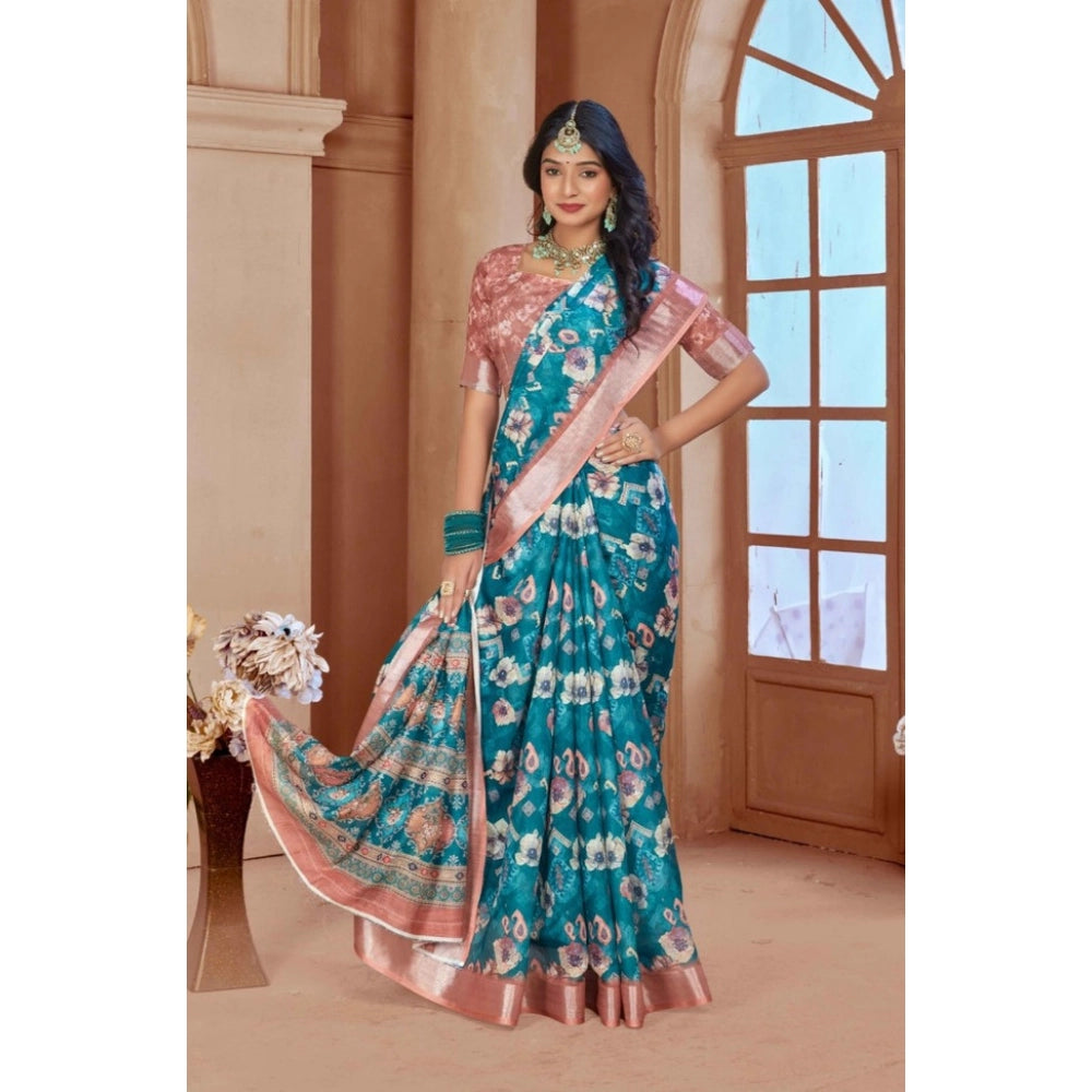 Generic Women's Printed Cotton Linen Saree withPrinted  Saree With Unstitched Blouse (Peacook Green, 5-6Mtrs)