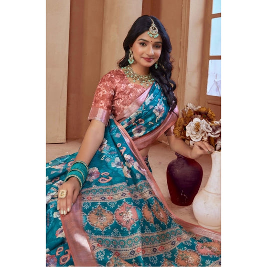 Generic Women's Printed Cotton Linen Saree withPrinted  Saree With Unstitched Blouse (Peacook Green, 5-6Mtrs)