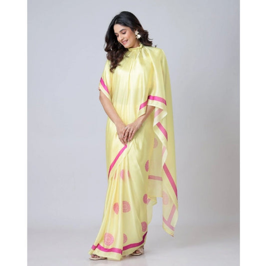 Generic Women's Soft Crepe Silk Printed Ready To Wear Saree With Unstitched Blouse 5.5Mtr (Light Yellow)
