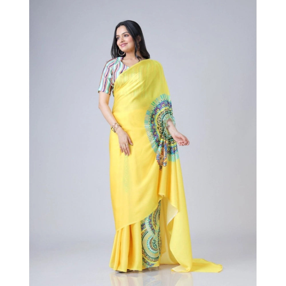 Generic Women's Soft Crepe Silk Printed Ready To Wear Saree With Unstitched Blouse 5.5Mtr (Yellow)
