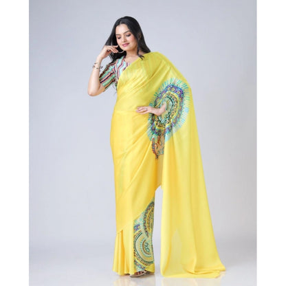 Generic Women's Soft Crepe Silk Printed Ready To Wear Saree With Unstitched Blouse 5.5Mtr (Yellow)