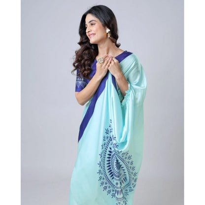 Generic Women's Soft Crepe Silk Printed Ready To Wear Saree With Unstitched Blouse 5.5Mtr (Turquoise)