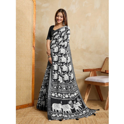 Generic Women's Silk Blend Printed Saree With Unstitched Blouse 5.5Mtr (Black)