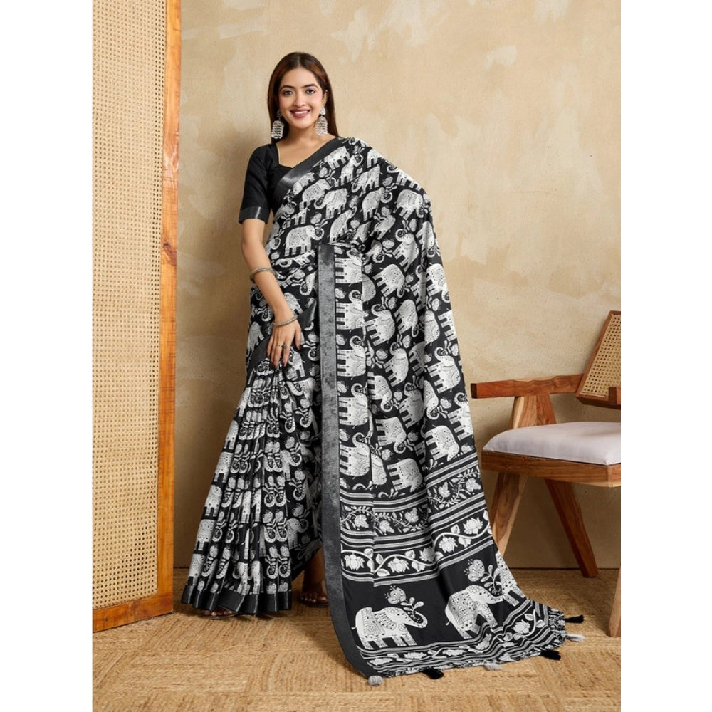 Generic Women's Silk Blend Printed Saree With Unstitched Blouse 5.5Mtr (Black)