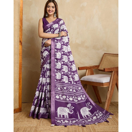 Generic Women's Silk Blend Printed Saree With Unstitched Blouse 5.5Mtr (Purple)