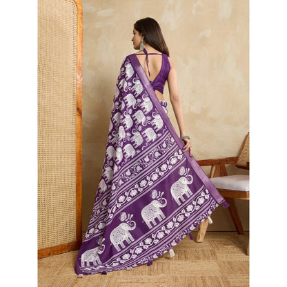 Generic Women's Silk Blend Printed Saree With Unstitched Blouse 5.5Mtr (Purple)