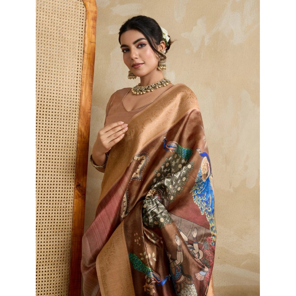 Generic Women's Silk Printed Saree With Unstitched Blouse 5.5Mtr (Brown)