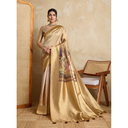 Generic Women's Silk Printed Saree With Unstitched Blouse 5.5Mtr (Gold)