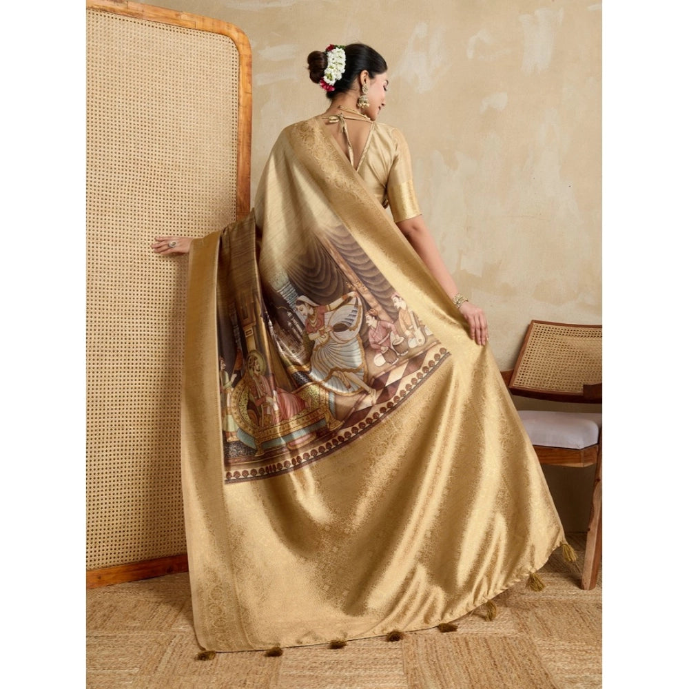 Generic Women's Silk Printed Saree With Unstitched Blouse 5.5Mtr (Gold)
