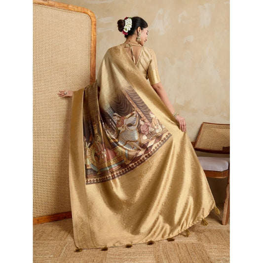 Generic Women's Silk Printed Saree With Unstitched Blouse 5.5Mtr (Gold)