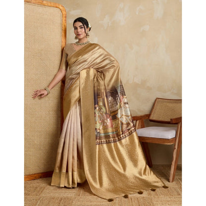 Generic Women's Silk Printed Saree With Unstitched Blouse 5.5Mtr (Gold)