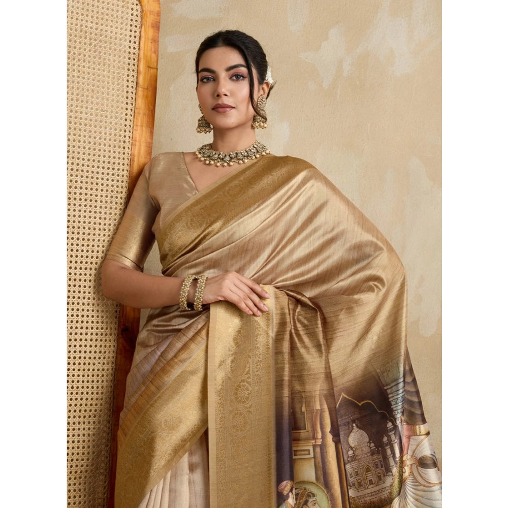 Generic Women's Silk Printed Saree With Unstitched Blouse 5.5Mtr (Gold)